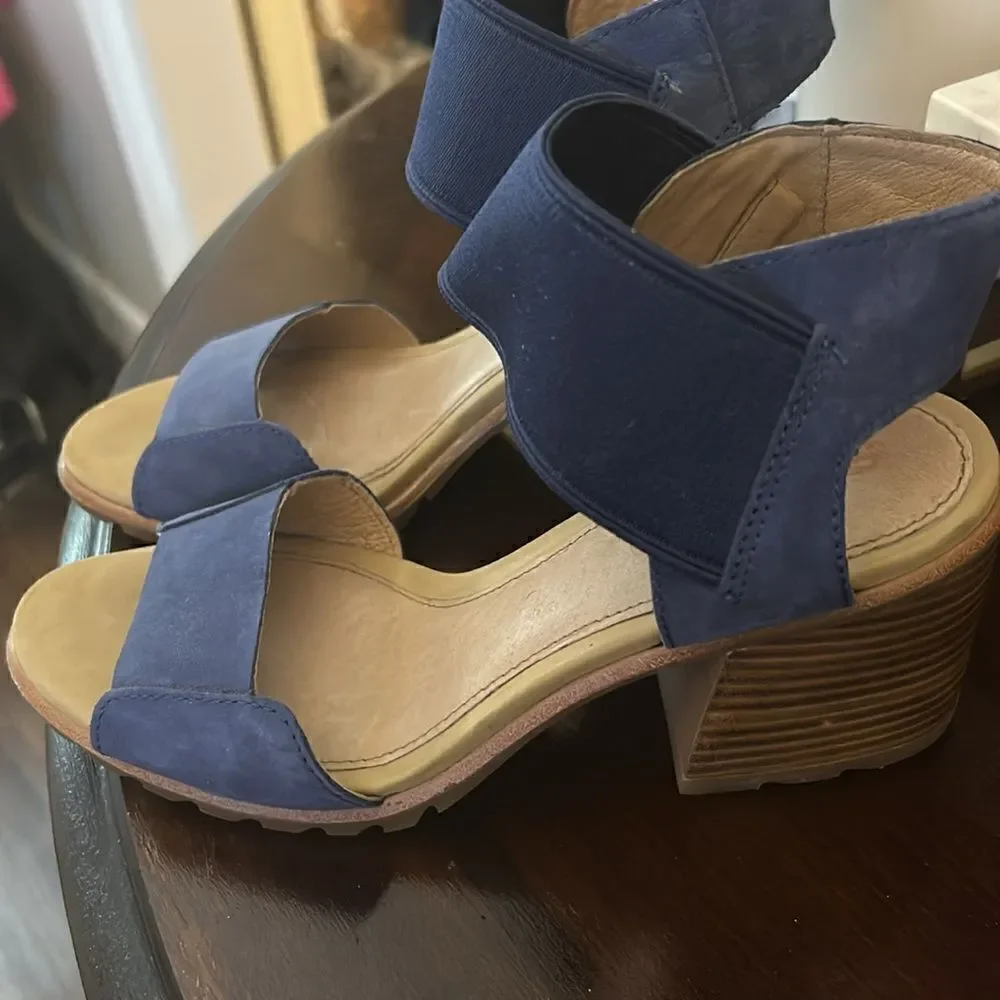 Sorel women summer blue sandals low heel slip on shoe designer pumps denim look - Picture 4 of 7